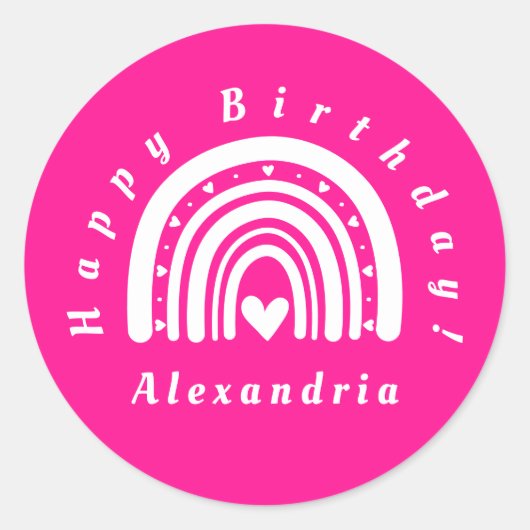 Sticker Rond Joyeux Anniversaire Personnalisé Hot Pink Rainbow (Devant)