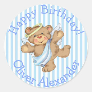Sticker Rond Joyeux Anniversaire Personnalisé Teddy Bear Angel