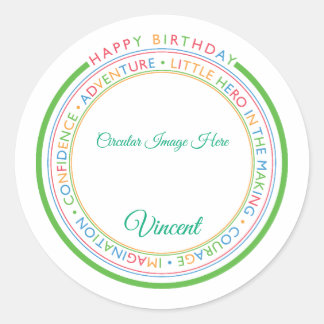 Sticker Rond Joyeux Anniversaire Photo Personnalisé Simple Clas