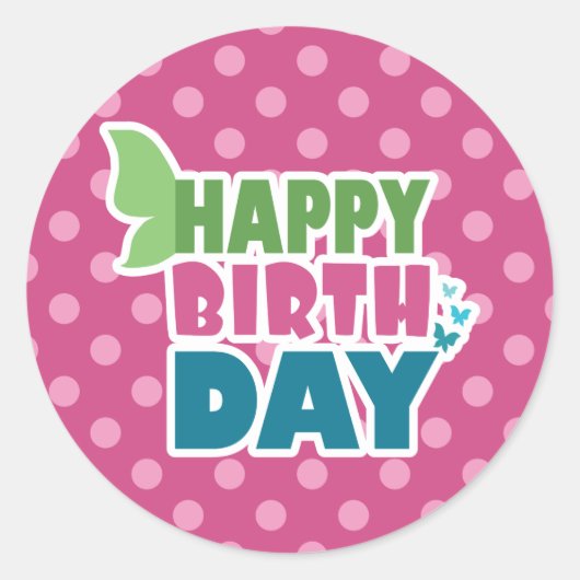 Sticker Rond Joyeux anniversaire Pink Polka dot papillon autoco (Devant)