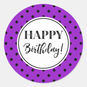 Sticker Rond Joyeux Anniversaire Pourpre Blanc Points Noirs