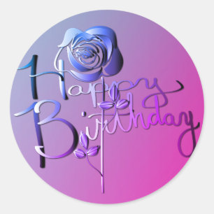 Sticker Rond "Joyeux anniversaire !" Rose bleu 3D manuscrit
