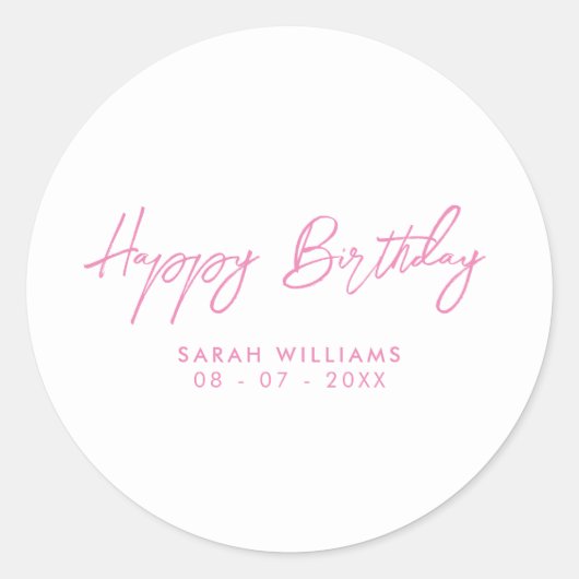 Sticker Rond Joyeux Anniversaire rose et blanc Script moderne (Devant)