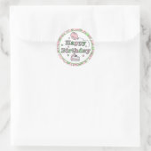 Sticker Rond Joyeux anniversaire rose et vert (Sac)