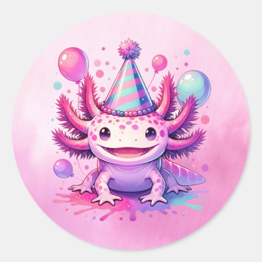 Sticker Rond Joyeux anniversaire rose et violet Axolotl (Devant)