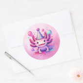 Sticker Rond Joyeux anniversaire rose et violet Axolotl (Enveloppe)