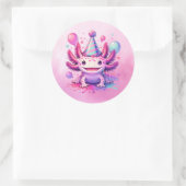 Sticker Rond Joyeux anniversaire rose et violet Axolotl (Sac)