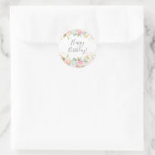 Sticker Rond Joyeux anniversaire rose floral (Sac)