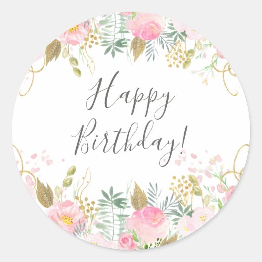 Sticker Rond Joyeux anniversaire rose floral (Devant)