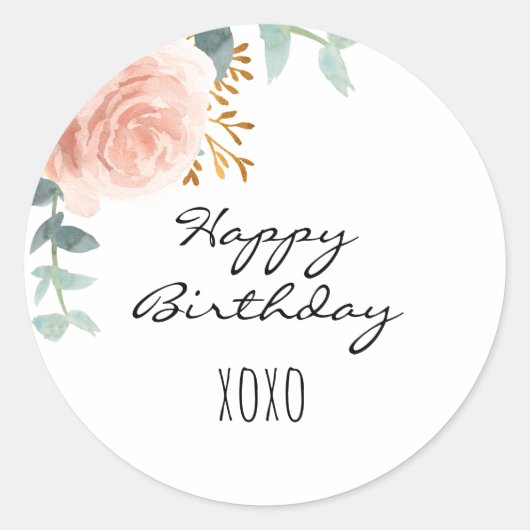 Sticker Rond Joyeux anniversaire rose or rose rose eucalyptus (Devant)