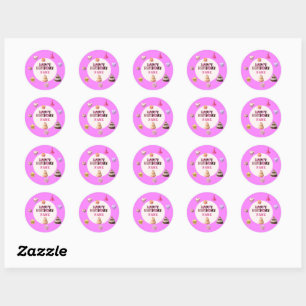 Sticker Rond Joyeux anniversaire rose personnalisé