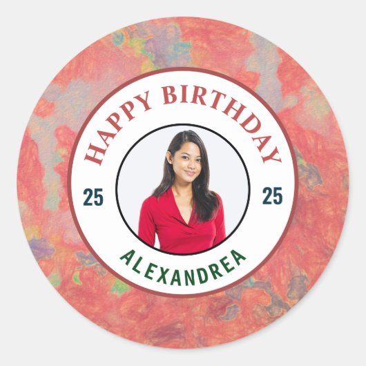Sticker Rond Joyeux Anniversaire rose photo Personnaliser (Devant)