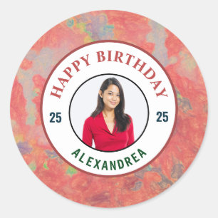 Sticker Rond Joyeux Anniversaire rose photo Personnaliser