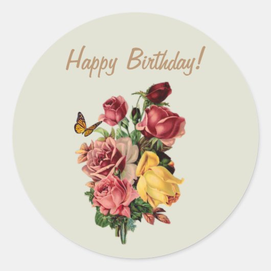 Sticker Rond Joyeux anniversaire Roses Vintages et papillon (Devant)