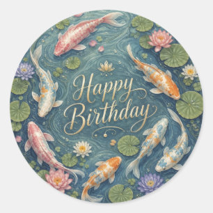 Sticker Rond Joyeux Anniversaire Seren Koi Étang Nénuphar