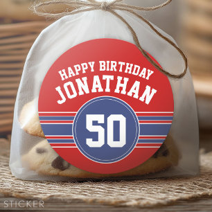Sticker Rond Joyeux Anniversaire Sports avec l'âge - Rouge Bleu