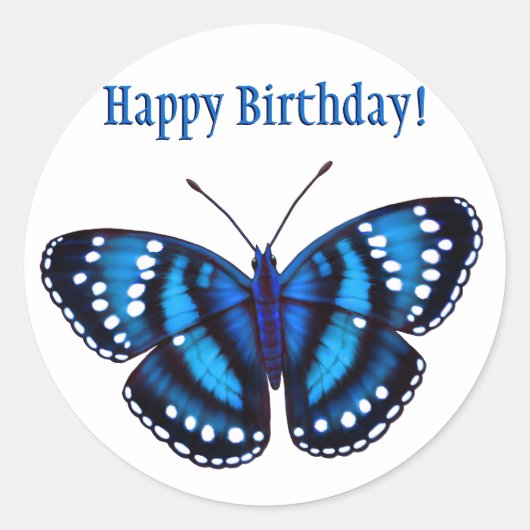 Sticker Rond Joyeux Anniversaire Tropical Blue Butterfly (Devant)