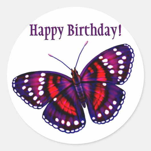 Sticker Rond Joyeux Anniversaire Tropical Purple Papillon (Devant)