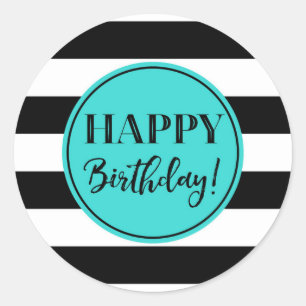 Sticker Rond Joyeux Anniversaire Turquoise Black White Stripes