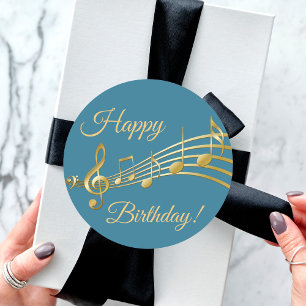 Sticker Rond Joyeux Anniversaire turquoise bleu vert notes de m