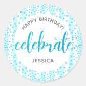 Sticker Rond Joyeux Anniversaire Turquoise Parties scintillant  (Devant)