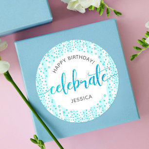 Sticker Rond Joyeux Anniversaire Turquoise Parties scintillant