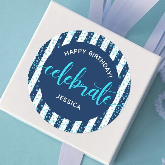Sticker Rond Joyeux anniversaire Turquoise Parties scintillant 