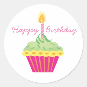 Sticker Rond Joyeux Anniversaire Vert Jaune et Cupcake Rose
