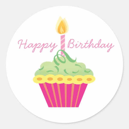 Sticker Rond Joyeux Anniversaire Vert Jaune et Cupcake Rose (Devant)