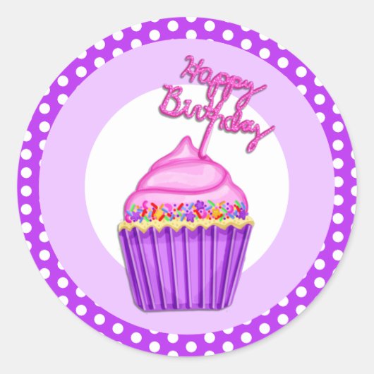 Sticker Rond Joyeux Anniversaire violet et rose Cupcake Aquarel (Devant)