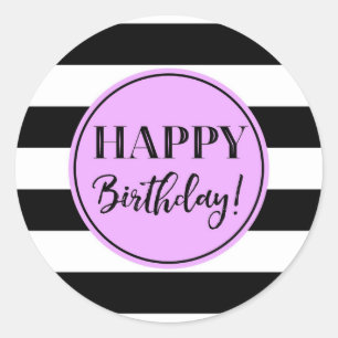 Sticker Rond Joyeux Anniversaire violet noir rayures blanches