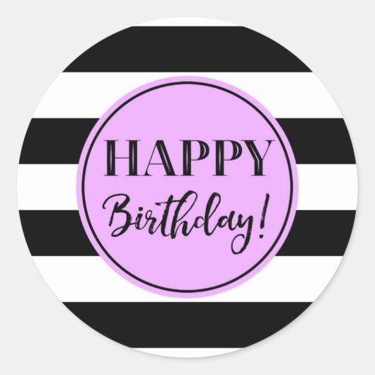 Sticker Rond Joyeux Anniversaire violet noir rayures blanches (Devant)