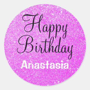 Sticker Rond Joyeux Anniversaire Violet Paillettes Nom Brillant