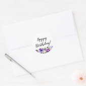 Sticker Rond Joyeux Anniversaire violet pansies fleurs blanc (Enveloppe)