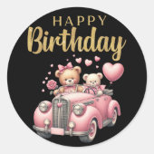 Sticker Rond Joyeux Anniversaire Voiture Rose et Ours Autocolla (Devant)