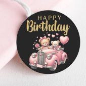 Sticker Rond Joyeux Anniversaire Voiture Rose et Ours Autocolla