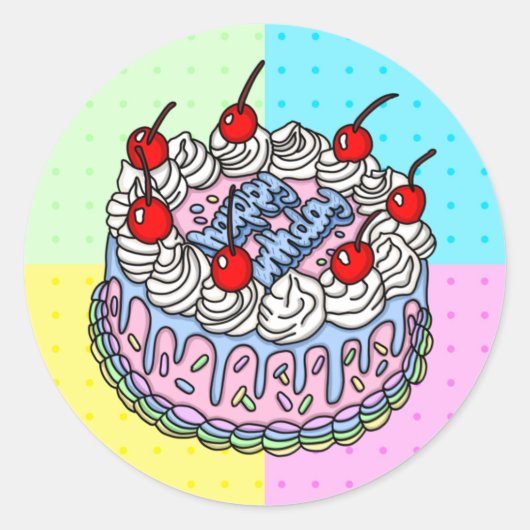 Sticker Rond Joyeux Anniversaire Whimsical Main dessiné Gâteau (Devant)