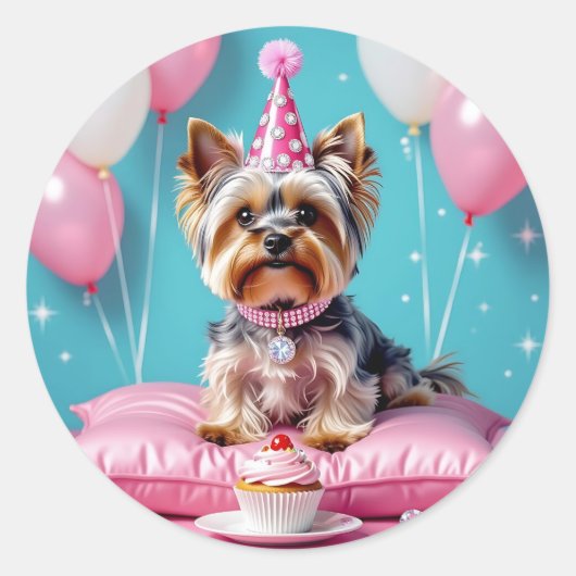 Sticker Rond Joyeux Anniversaire Yorkie Rose Mignonne (Devant)