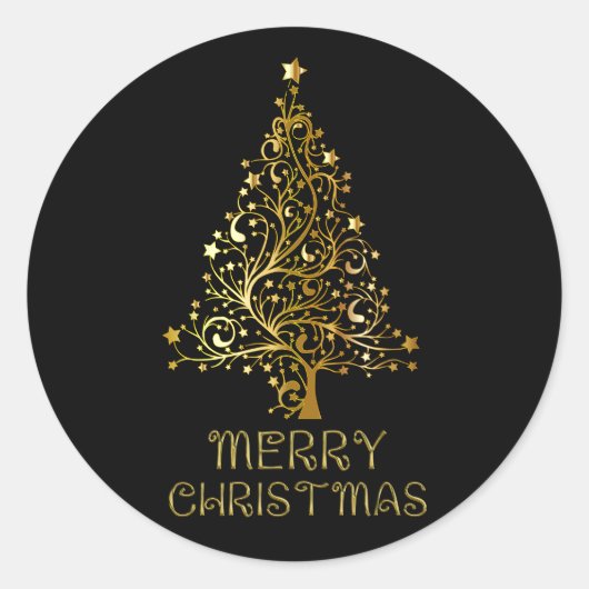 Sticker Rond Joyeux Arbre de Noël Etoiles Noir Or brillant Chic (Devant)