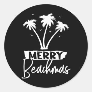 Sticker Rond Joyeux Beachmas Palm Tree Beach Vacances Noël Chri