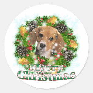 Sticker Rond Joyeux Beagle de Noël