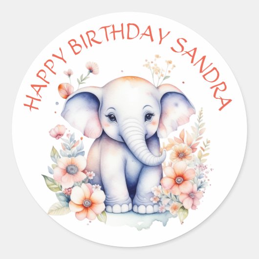 Sticker Rond Joyeux bébé éléphant anniversaire personnalisé (Devant)
