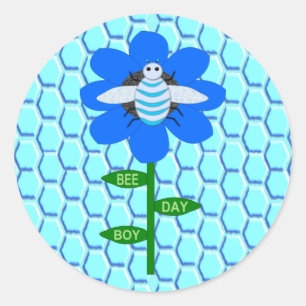Sticker Rond Joyeux Bee Day Boy Blue Birthday Bumblebee