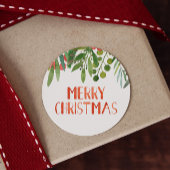 Sticker Rond Joyeux Berry de Noël et Branches Aquarelle