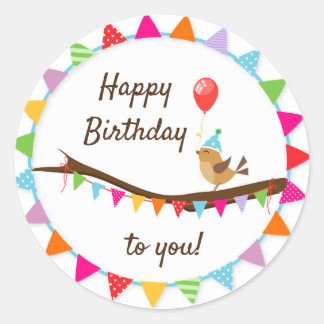 Sticker Rond Joyeux Birthday Bird and Baloons