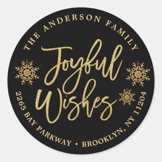 Sticker Rond Joyeux Black Faux Gold Holiday Adresse de retour (Devant)