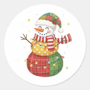 Sticker Rond Joyeux Bonhomme de Neige en Patchwork à l'Aquarell