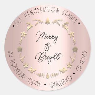 Sticker Rond Joyeux Bright Adresse de la famille Wreath Gold Ro