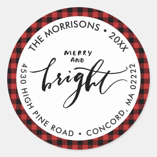 Sticker Rond Joyeux Bright Buffalo Plaid Christmas Votre adress (Devant)