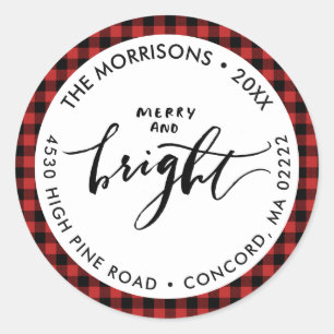 Sticker Rond Joyeux Bright Buffalo Plaid Christmas Votre adress